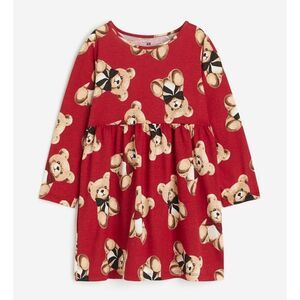 H&M Girls Red Teddy Bears Bows Cotton Holiday Christmas Dress Size 5t NEW